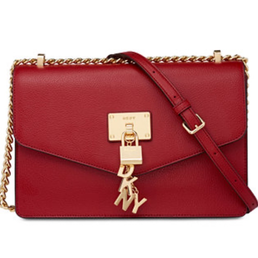 DKNY Red Leather Crossbody with Gold Chain and Logo Charm